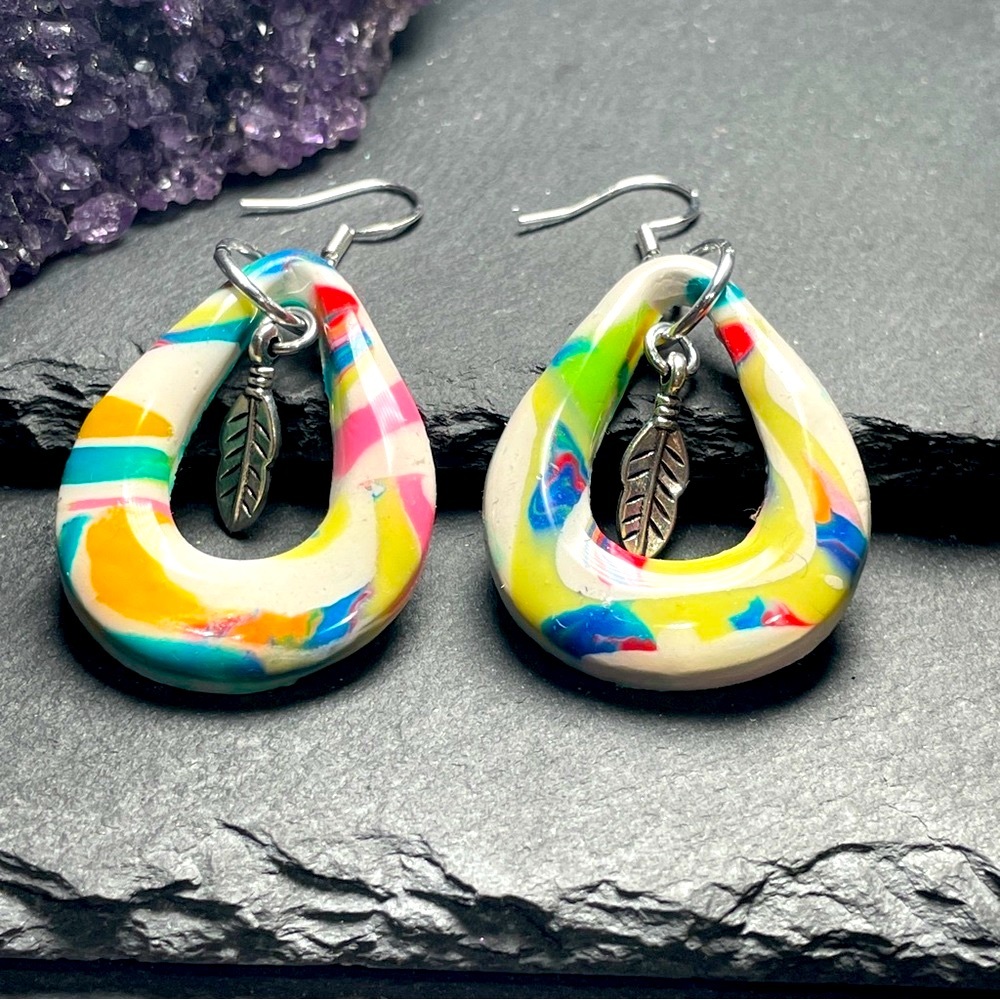 Custom Made Clay Teardrop Earrings With Antique Silver Feather Charms - Picture 2 of 11